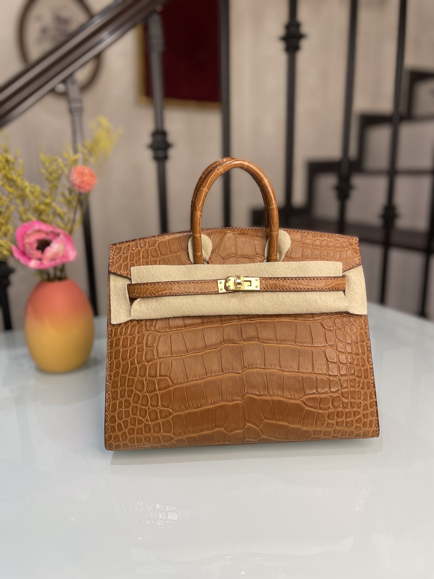 BIRKIN 20 CC37- Gold Brown gold buckle mist top Alligator square leather