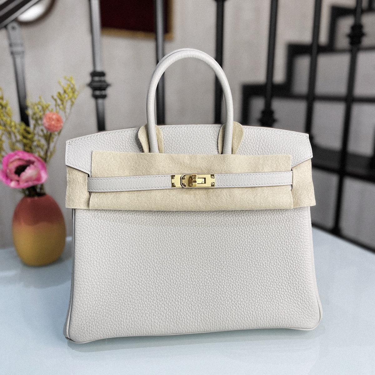 Birkin 25 CC80 Togo leather pearl gray gold buckle