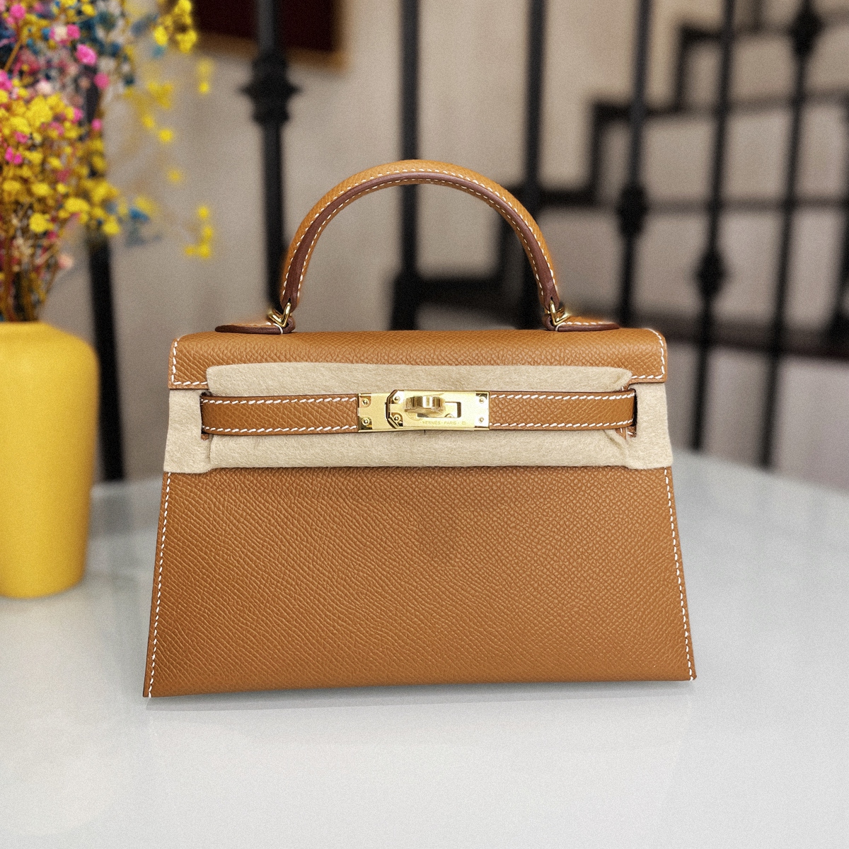 MINI KELLY CC37- Gold brown gold buckle EPSOM leather