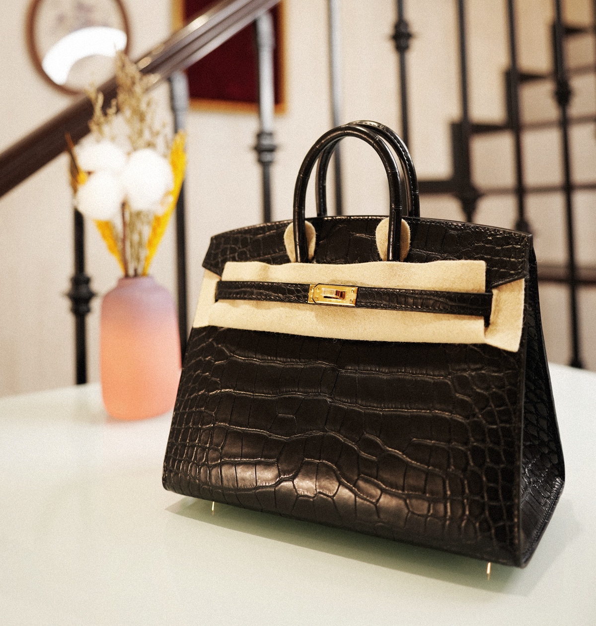 BIRKIN 20 CC89- Black gold buckle mist top Alligator square leather