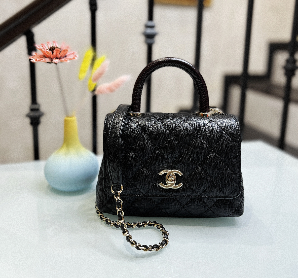 Chanel Mini coco handle Black gold lychee peel red lizard handle