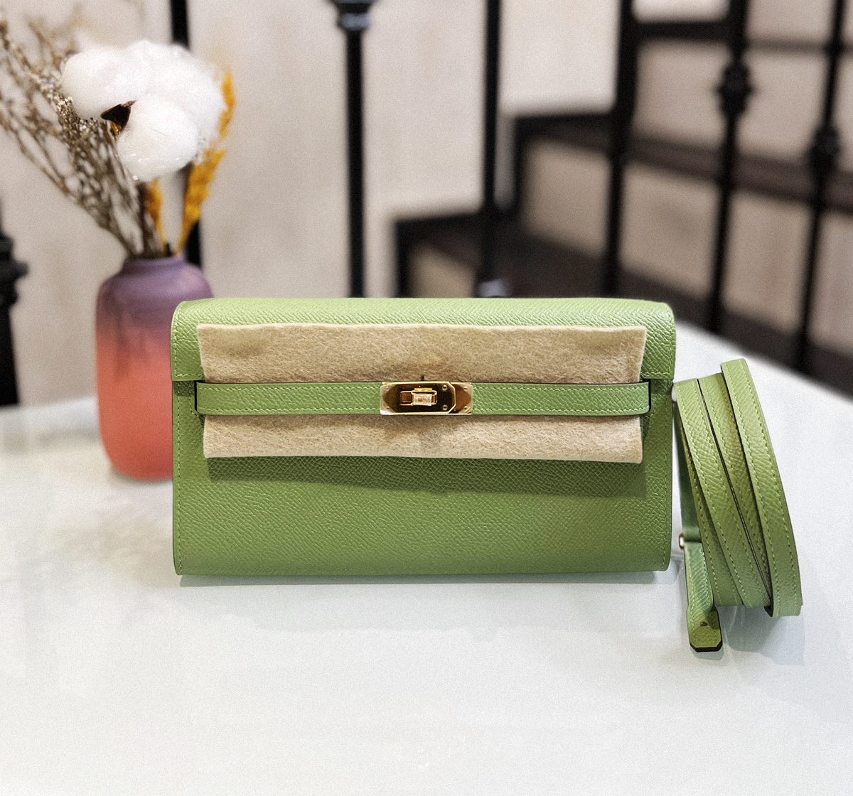 Hermes  Kelly to go cc3i Avocado green interior T0 haze blue gold buckle Epsom